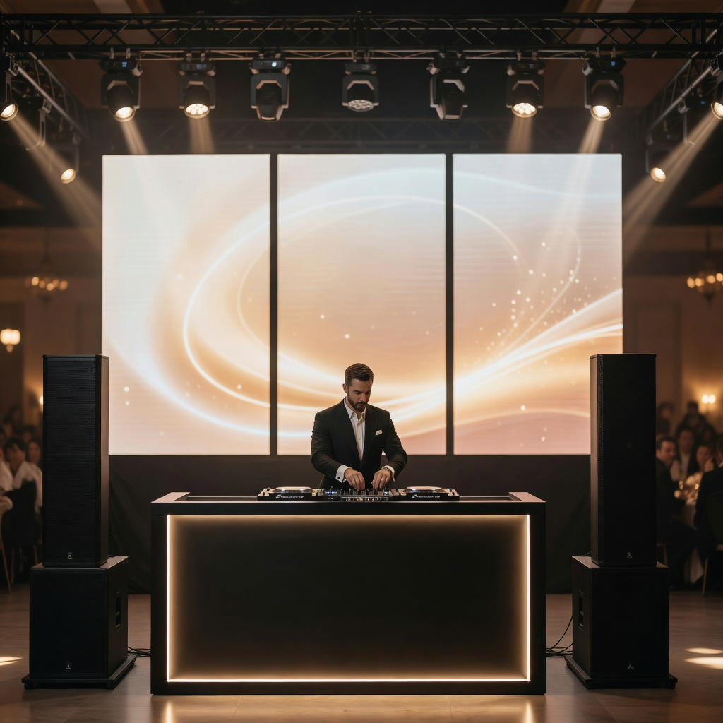 Cabina DJ con pantallas LED y bocinas line array para evento de salón en Querétaro